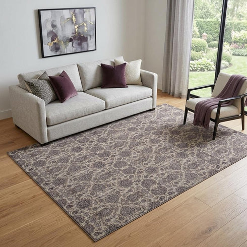 9' X 12' Ivory And Taupe Floral Washable Area Rug With UV Protection