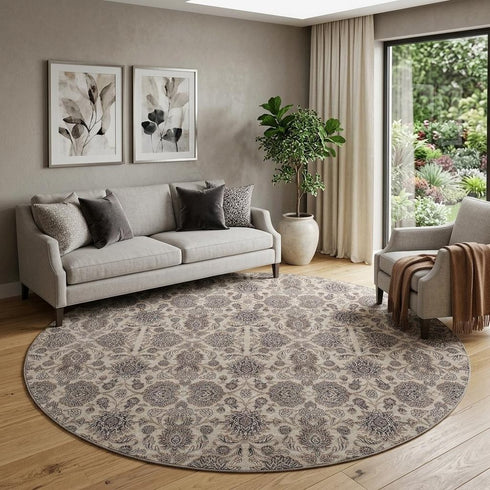 9' X 12' Ivory And Taupe Floral Washable Area Rug With UV Protection