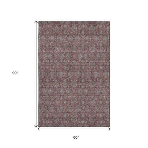 9' X 12' Merlot And Gray Floral Washable Area Rug With UV Protection