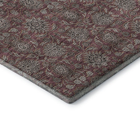 9' X 12' Merlot And Gray Floral Washable Area Rug With UV Protection