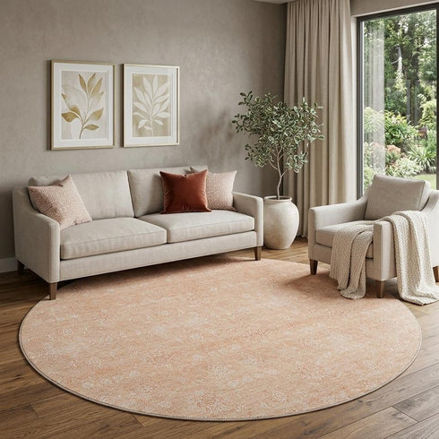 9' X 12' Peach And Ivory Floral Washable Area Rug With UV Protection