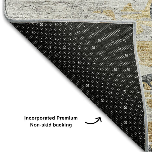 9' X 12' Ivory Gold And Gray Abstract Washable Area Rug With UV Protection