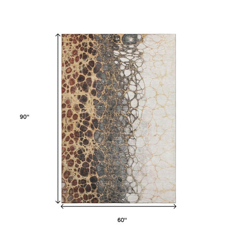 9' X 12' Ivory Gray And Gold Abstract Distressed Washable Area Rug With UV Protection