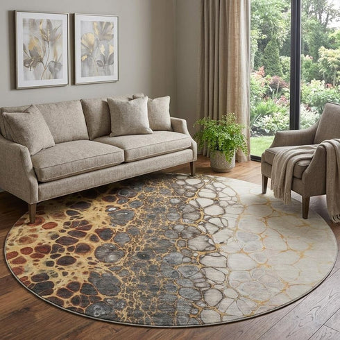 9' X 12' Ivory Gray And Gold Abstract Distressed Washable Area Rug With UV Protection