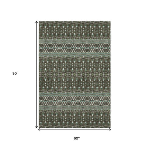 9' X 12' Brown And Taupe Tribal Washable Area Rug With UV Protection