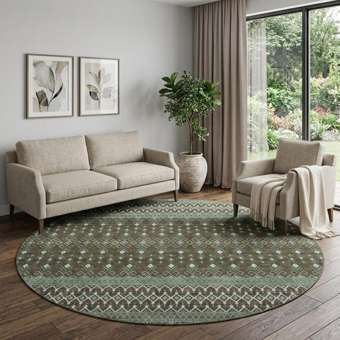 9' X 12' Brown And Taupe Tribal Washable Area Rug With UV Protection