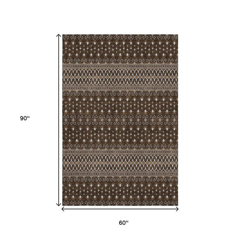 9' X 12' Chocolate And Ivory Tribal Washable Area Rug With UV Protection