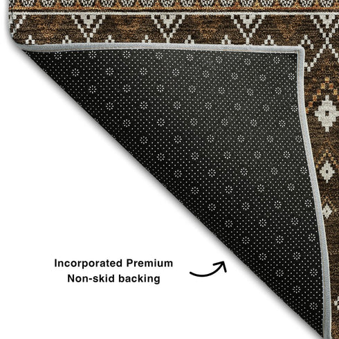 9' X 12' Chocolate And Ivory Tribal Washable Area Rug With UV Protection
