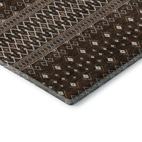 9' X 12' Chocolate And Ivory Tribal Washable Area Rug With UV Protection