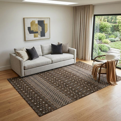 9' X 12' Chocolate And Ivory Tribal Washable Area Rug With UV Protection