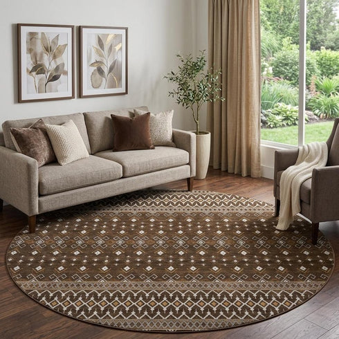 9' X 12' Chocolate And Ivory Tribal Washable Area Rug With UV Protection