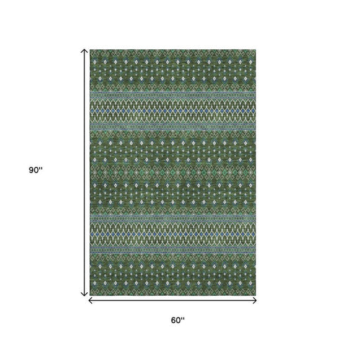 9' X 12' Olive Green Blue And Ivory Tribal Washable Area Rug With UV Protection