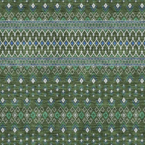 9' X 12' Olive Green Blue And Ivory Tribal Washable Area Rug With UV Protection