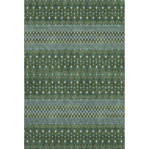 9' X 12' Olive Green Blue And Ivory Tribal Washable Area Rug With UV Protection