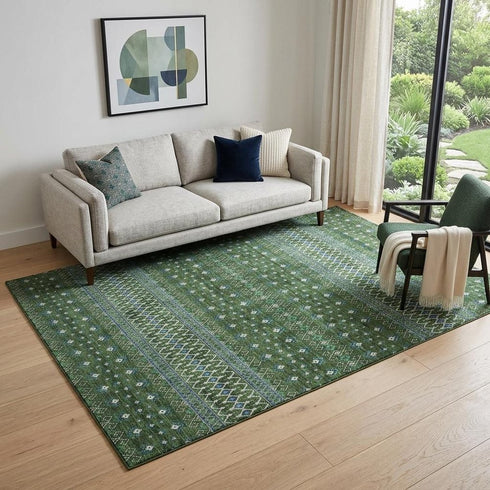 9' X 12' Olive Green Blue And Ivory Tribal Washable Area Rug With UV Protection