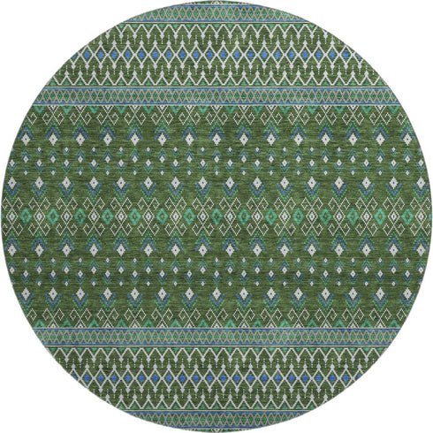 9' X 12' Olive Green Blue And Ivory Tribal Washable Area Rug With UV Protection