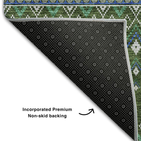 9' X 12' Olive Green Blue And Ivory Tribal Washable Area Rug With UV Protection
