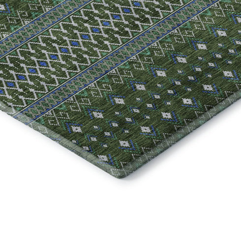 9' X 12' Olive Green Blue And Ivory Tribal Washable Area Rug With UV Protection