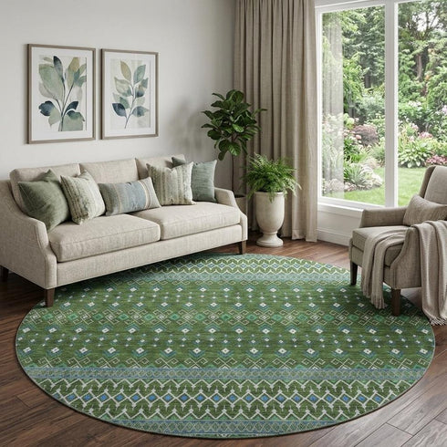 9' X 12' Olive Green Blue And Ivory Tribal Washable Area Rug With UV Protection