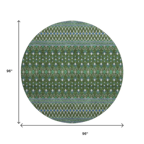 9' X 12' Olive Green Blue And Ivory Tribal Washable Area Rug With UV Protection