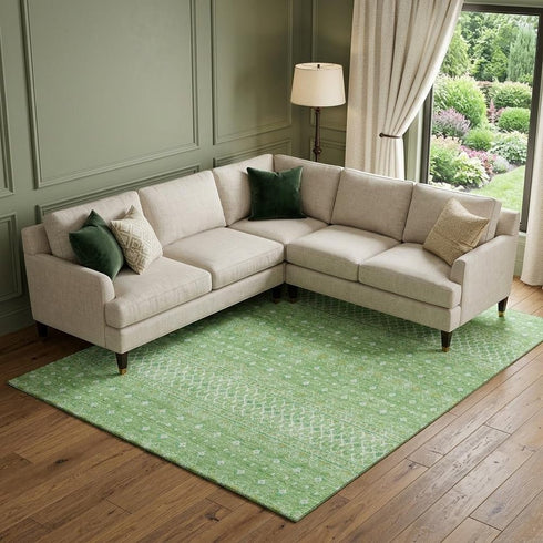 9' X 12' Artichoke Green Gold And Ivory Tribal Washable Area Rug With UV Protection
