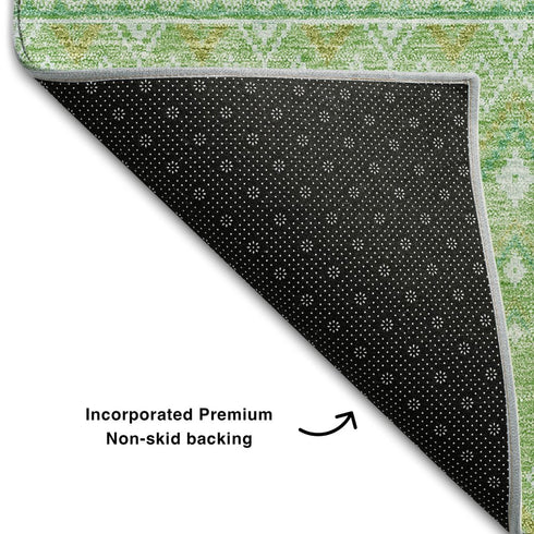 9' X 12' Artichoke Green Gold And Ivory Tribal Washable Area Rug With UV Protection