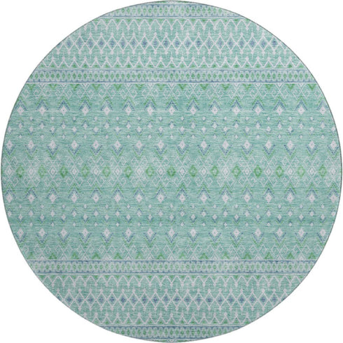 9' X 12' Aqua And Ivory Tribal Washable Area Rug With UV Protection