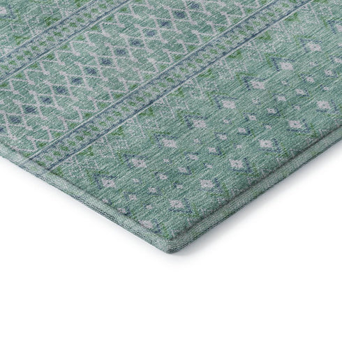 9' X 12' Aqua And Ivory Tribal Washable Area Rug With UV Protection