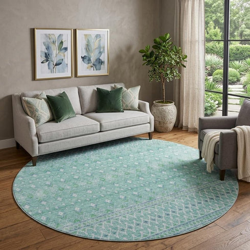 9' X 12' Aqua And Ivory Tribal Washable Area Rug With UV Protection