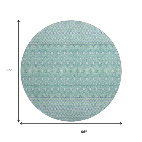 9' X 12' Aqua And Ivory Tribal Washable Area Rug With UV Protection