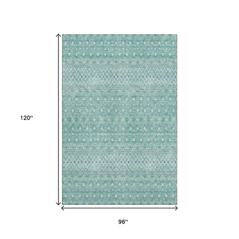 9' X 12' Aqua And Ivory Tribal Washable Area Rug With UV Protection