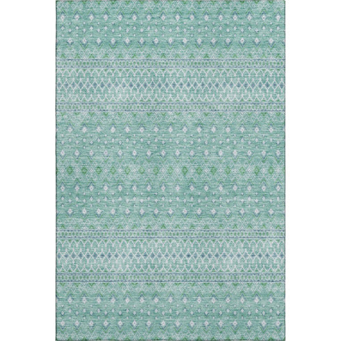 9' X 12' Aqua And Ivory Tribal Washable Area Rug With UV Protection
