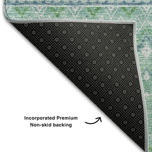 9' X 12' Aqua And Ivory Tribal Washable Area Rug With UV Protection