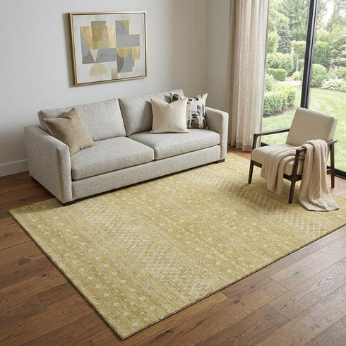9' X 12' Gold And Ivory Tribal Washable Area Rug With UV Protection