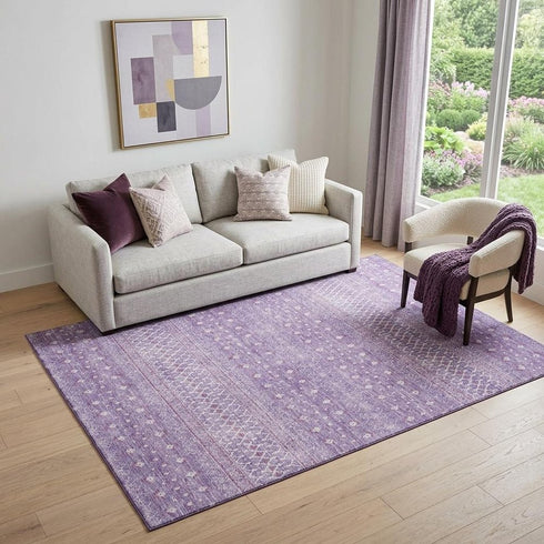 9' X 12' Lavender And Ivory Tribal Washable Area Rug With UV Protection