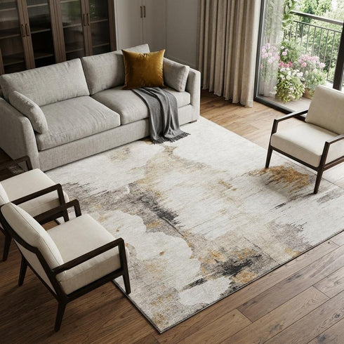 9' X 12' Beige Gray And Ivory Abstract Washable Area Rug With UV Protection
