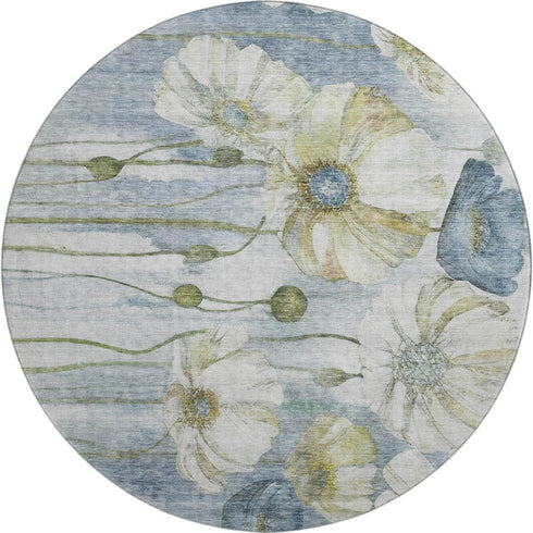 9' X 12' Blue Ivory And Gold Floral Washable Area Rug With UV Protection
