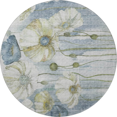 9' X 12' Blue Ivory And Gold Floral Washable Area Rug With UV Protection