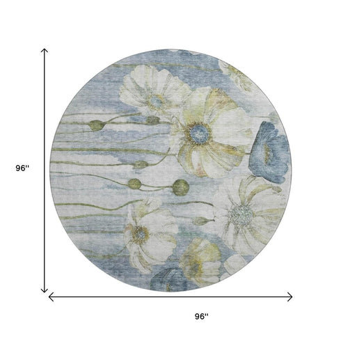 9' X 12' Blue Ivory And Gold Floral Washable Area Rug With UV Protection