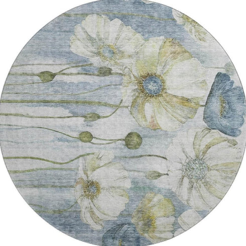 9' X 12' Blue Ivory And Gold Floral Washable Area Rug With UV Protection