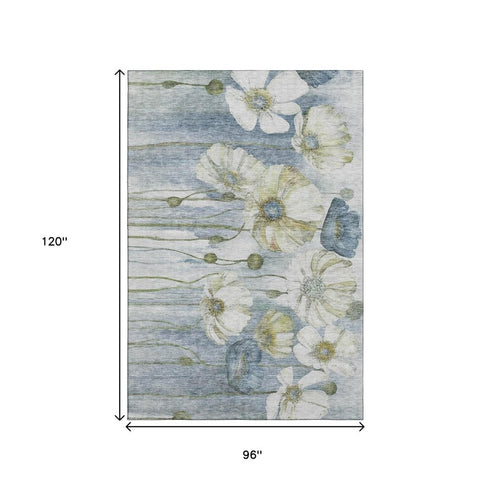 9' X 12' Blue Ivory And Gold Floral Washable Area Rug With UV Protection