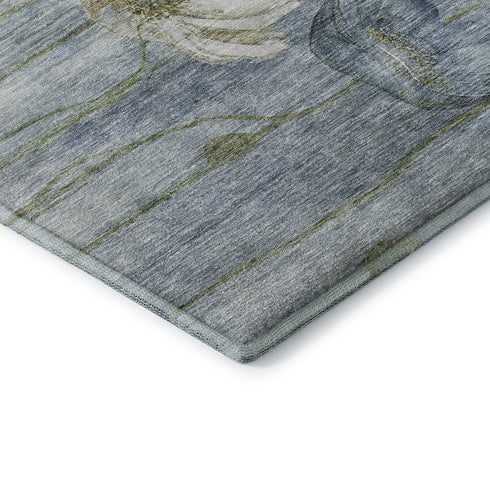 9' X 12' Blue Ivory And Gold Floral Washable Area Rug With UV Protection