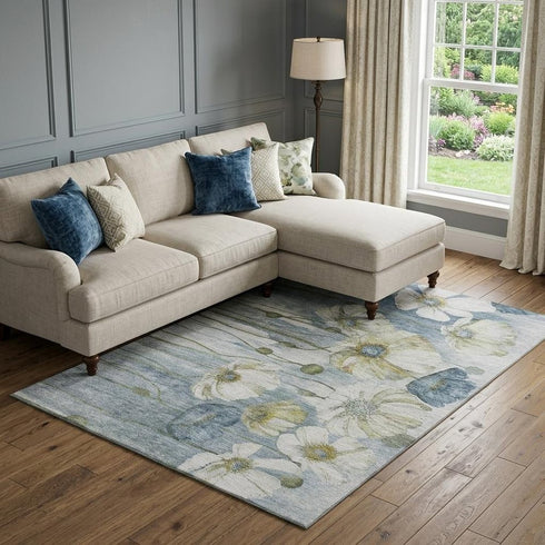 9' X 12' Blue Ivory And Gold Floral Washable Area Rug With UV Protection