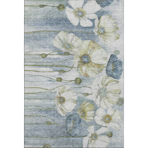 9' X 12' Blue Ivory And Gold Floral Washable Area Rug With UV Protection