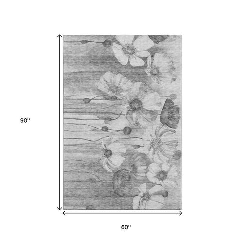 9' X 12' Gray And Silver Floral Washable Area Rug With UV Protection