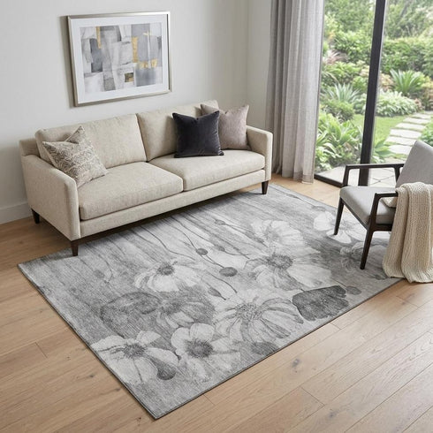 9' X 12' Gray And Silver Floral Washable Area Rug With UV Protection
