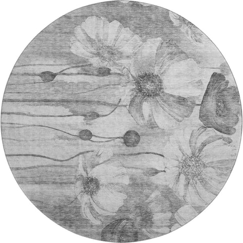 9' X 12' Gray And Silver Floral Washable Area Rug With UV Protection