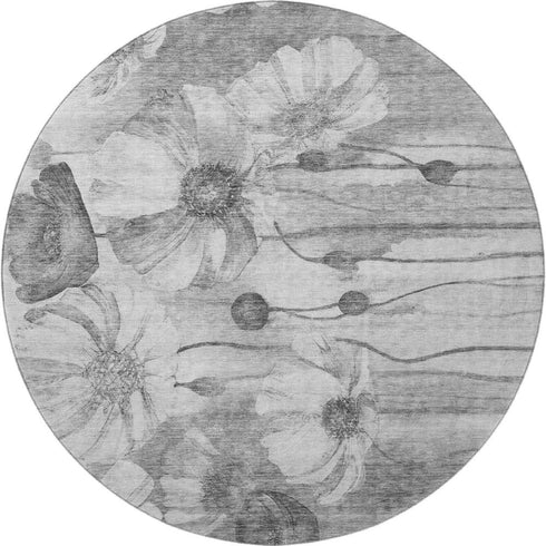 9' X 12' Gray And Silver Floral Washable Area Rug With UV Protection