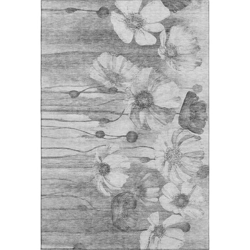 9' X 12' Gray And Silver Floral Washable Area Rug With UV Protection