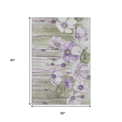 9' X 12' Purple Green And Ivory Floral Washable Area Rug With UV Protection